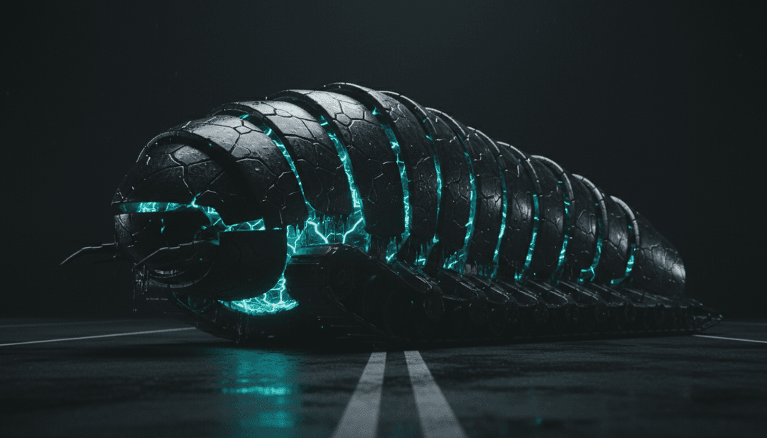 一幅抽象的故障藝術表現,描繪一輛風格化的「funk buggy」在未來霓虹燈閃爍的數位景觀中行駛,體現電子科技氛圍。