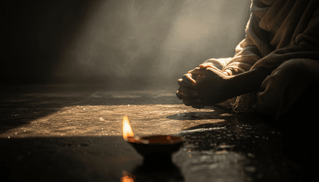 一个 AI 引擎正在诠释一首灵修歌曲,在数字画布上展示流淌的河流、古老的寺庙建筑和精神符号的抽象视觉效果,代表着印度民间音乐和古典音乐的融合。