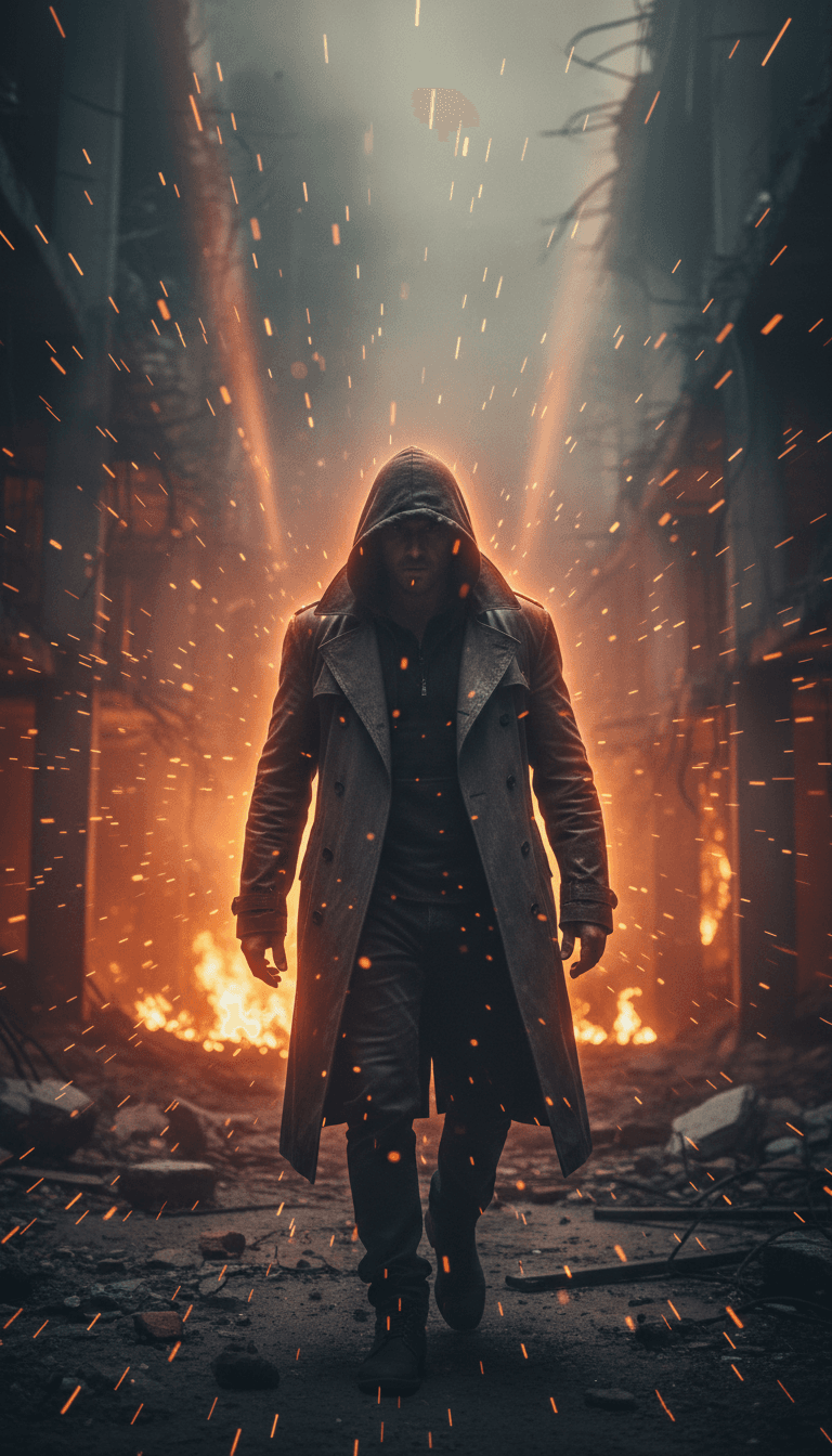 动态动画序列,展示幽灵般的形态和逐渐消逝的城市景观,与 'Палимпсест' 的嘻哈节拍和人声回响同步,说明了 AI 音乐视频的创作过程。