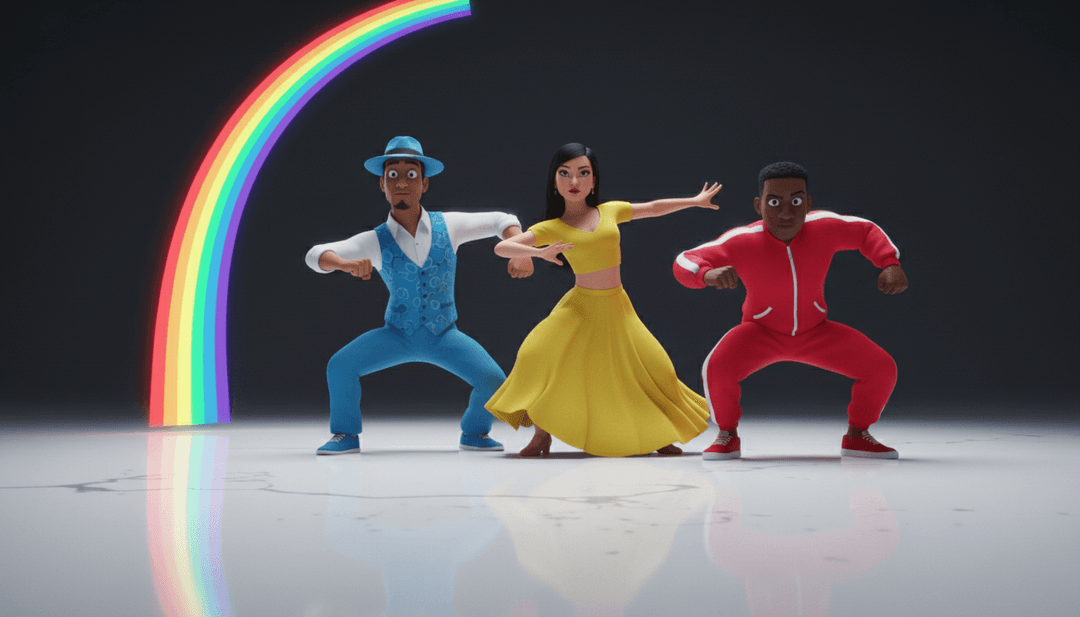 一个孩子们快乐地跳跃、摇摆和数到三的动画世界,灵感来源于 m5bwkmcsm8 的歌曲 'Jump, Jive, Count to Three',由AI生成。