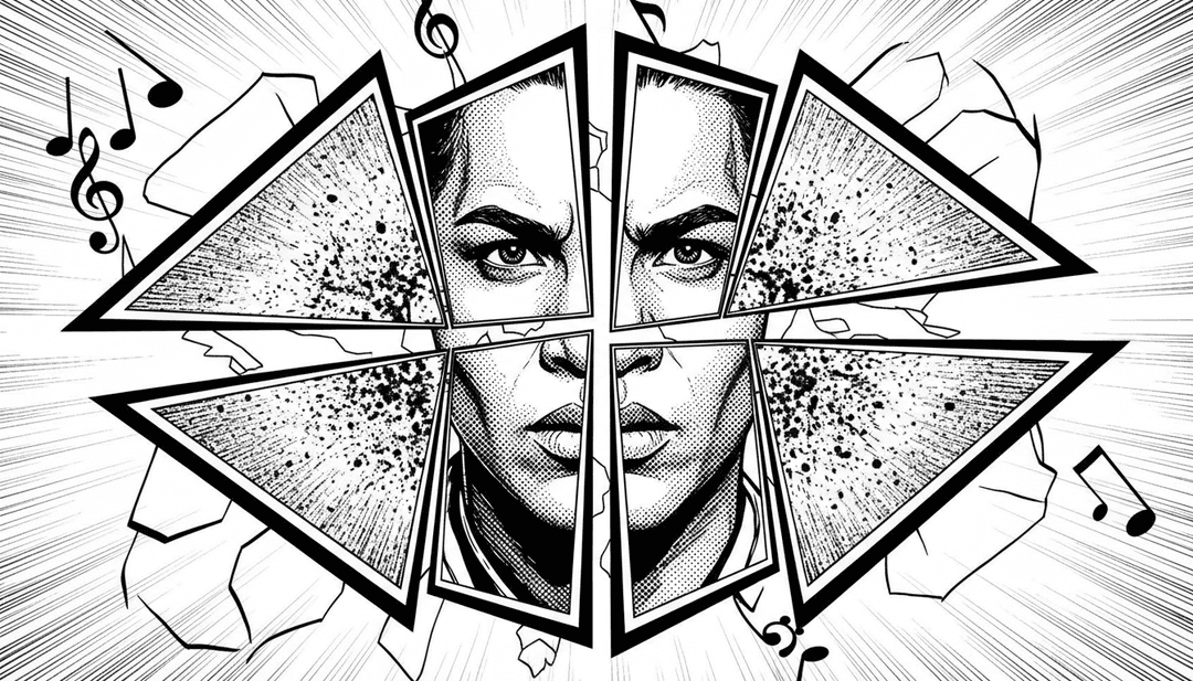 AIが生成した、都市の背景、ネオンライト、ヒップホップとレゲトンのビートに合わせて踊るアニメーションの人物が登場する、鮮やかでダイナミックなミュージックビデオシーン。