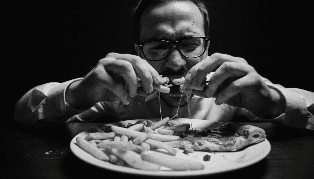 Visuais animados de alimentos dançantes e cozinhas vibrantes, perfeitamente sincronizados com as batidas agressivas de big beat de '02 eu gosto de comida .mp3', gerados por IA.