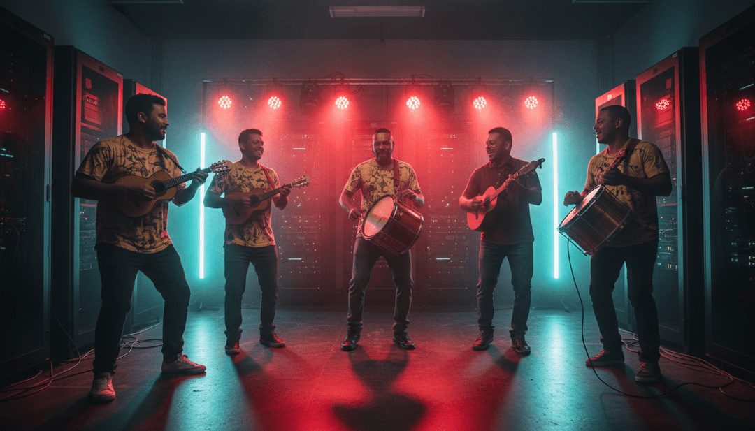 用户的手与全息界面互动,创作音乐视频,象征着易用性和创意控制。