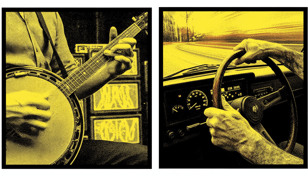 Une image dramatique de clip musical générée par l'IA pour 'Grandpa’s On Parole Again', présentant une figure triomphante au milieu du chaos urbain.