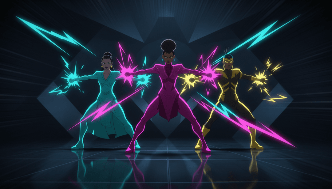 动画场景的动态蒙太奇,展示舞者、城市景观和彩色灯光效果,所有这些都与 "Prr baby by Camale" 的节拍同步。