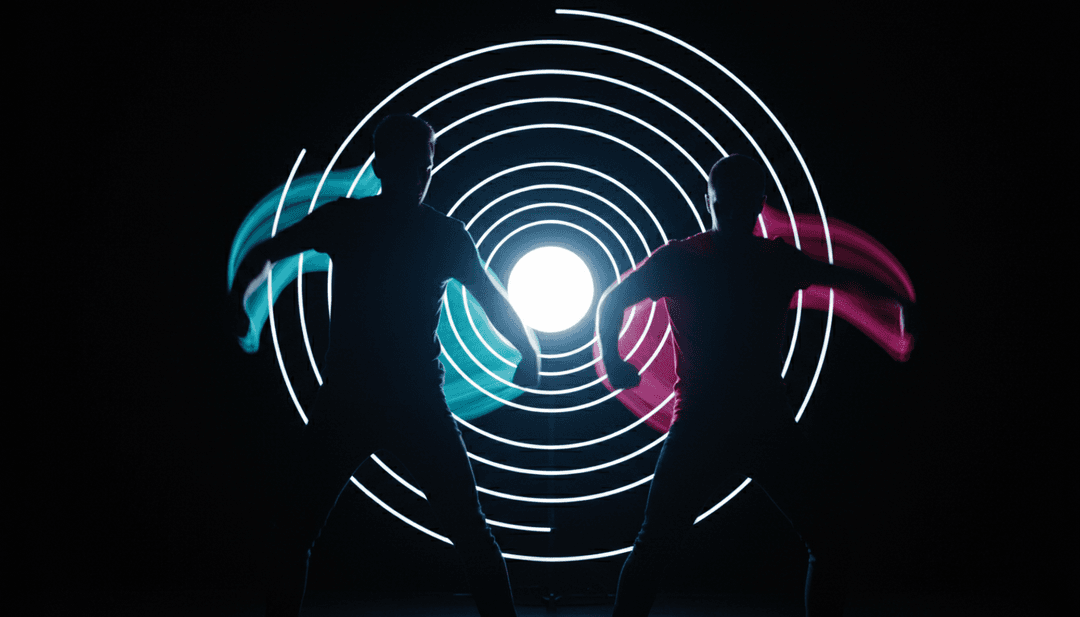 Representação visual de ondas sonoras transformando-se em cenas de dança animadas, exibindo um gerador de vídeos musicais em ação.