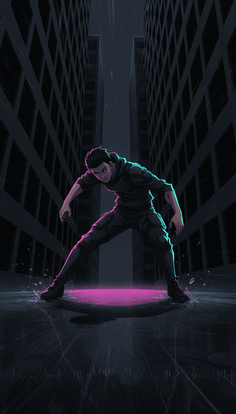 Cenas dinâmicas de videoclipes geradas por IA, apresentando paisagens urbanas, padrões abstratos de luz e movimentos de personagens sincronizados com a batida da música.