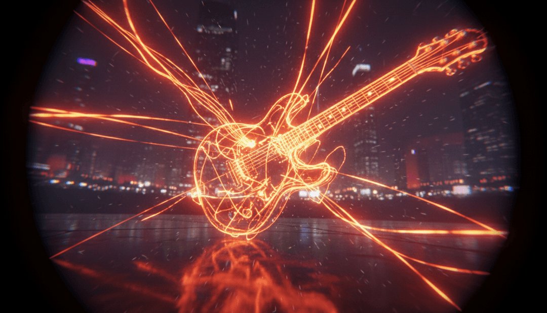 Dynamische, von KI generierte visuelle Szenen mit Rockkonzert-Energie, dramatischen Landschaften und abstrakten Lichtmustern, synchronisiert zur Musik.