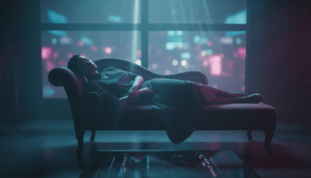 Ondas sonoras digitais abstratas se transformando em visuais de paisagem urbana, representando a interpretação da IA da essência de hip-hop e trap de 654.mp3.