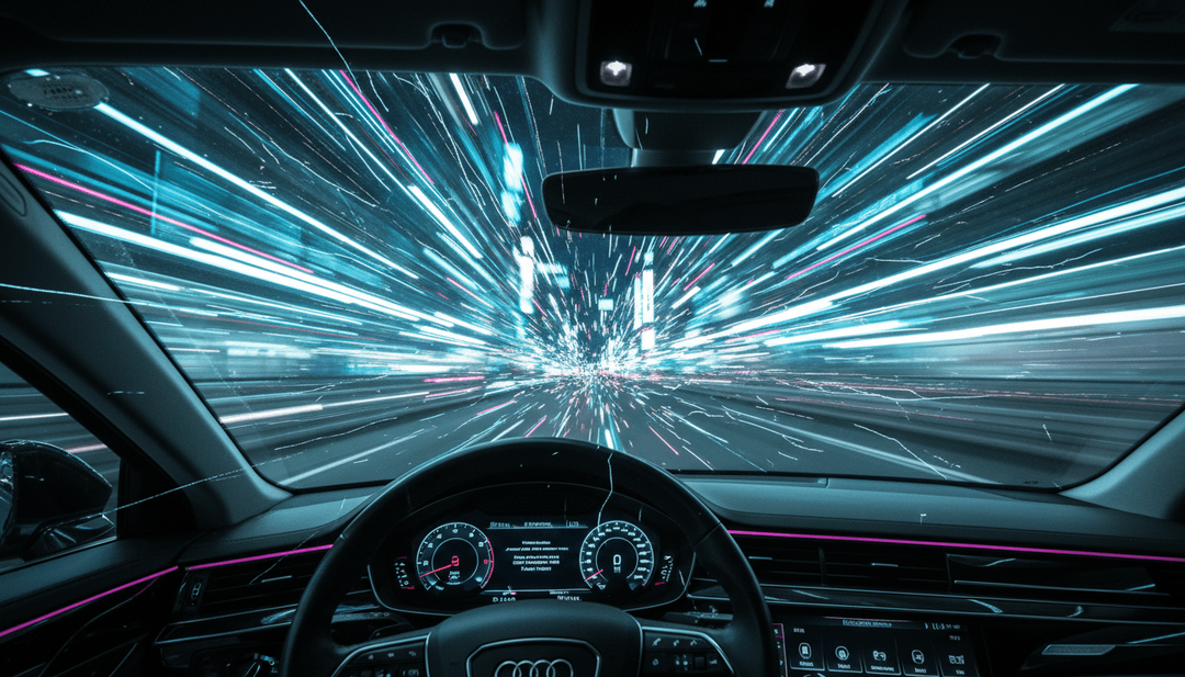 「Bassline Ride」のエスカレートする電子ビートに同期するダイナミックな光の軌跡と変化する幾何学模様。