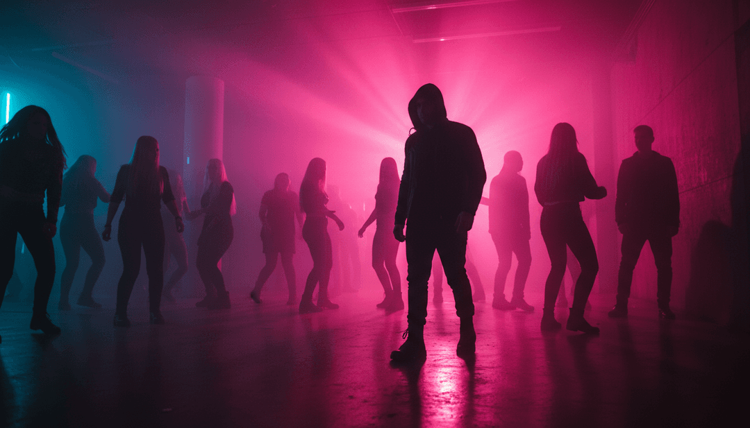 AI 通过抽象的光线图案和发光的线条来诠释深屋音乐,象征着脉动。