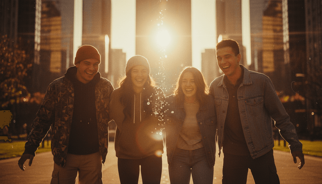 Sequência visual dinâmica mostrando ondas sonoras se transformando em cacos de vidro cintilantes em uma cidade vibrante, refletindo emoções.