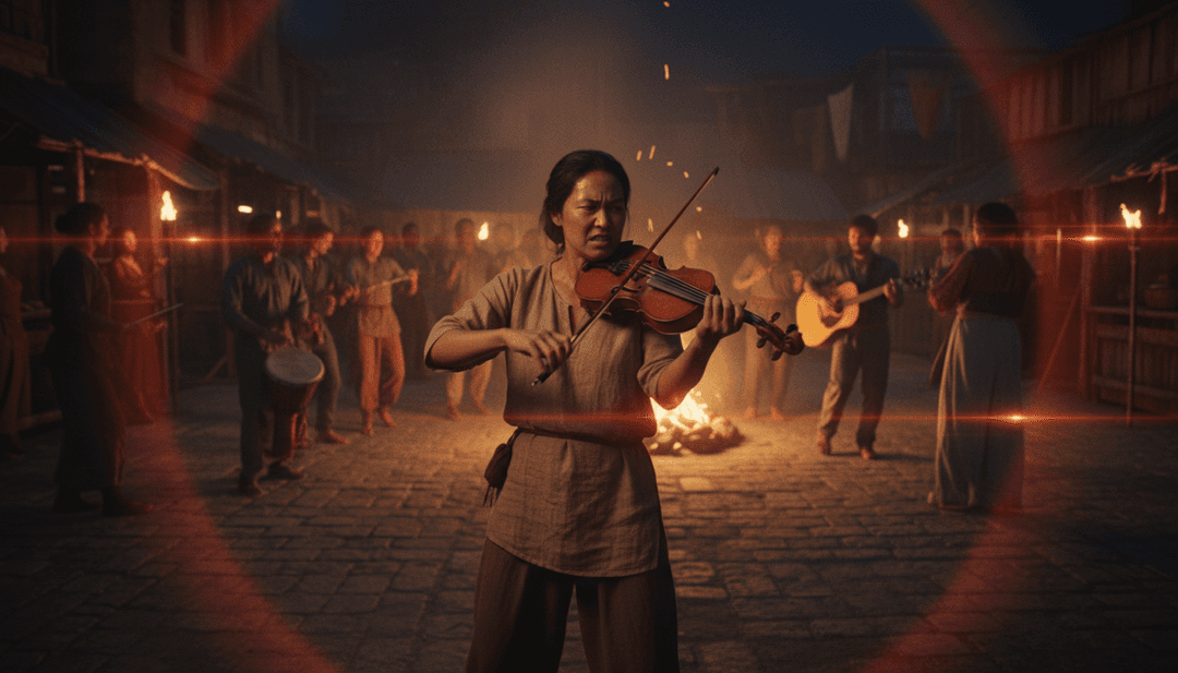 L'AI interpreta musica folk celtica, creando un concetto visivo etereo per "Les Murmures du Vent Ancien" con foreste antiche e nebbia.