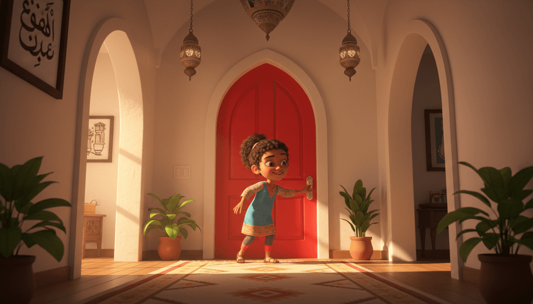 Arte conceitual gerada por IA mostrando um esquilo amigável em uma porta excêntrica em uma floresta vibrante, com notas musicais flutuando ao redor, para a capa da música 'في منزل أنثى السنجاب دق دق الباب'.