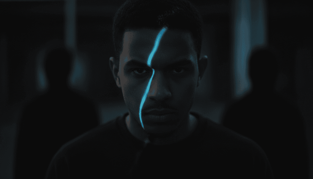 动态音乐视频画面展示一个风格化角色在虚拟城市中穿梭,快速剪辑、故障效果和同步动作代表着Trap和嘻哈节拍。