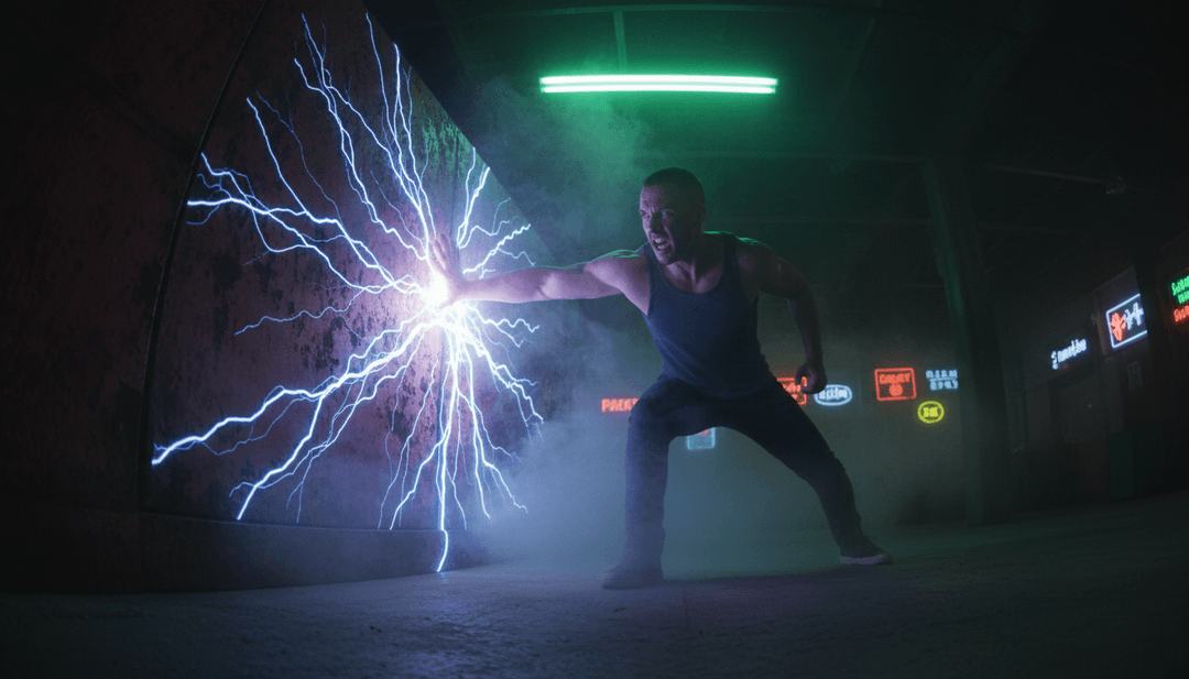 屏幕上播放着一段完成的、高能量的音乐视频,带有“生成您自己的”按钮,展示了 Freebeat.ai 的最终产品。