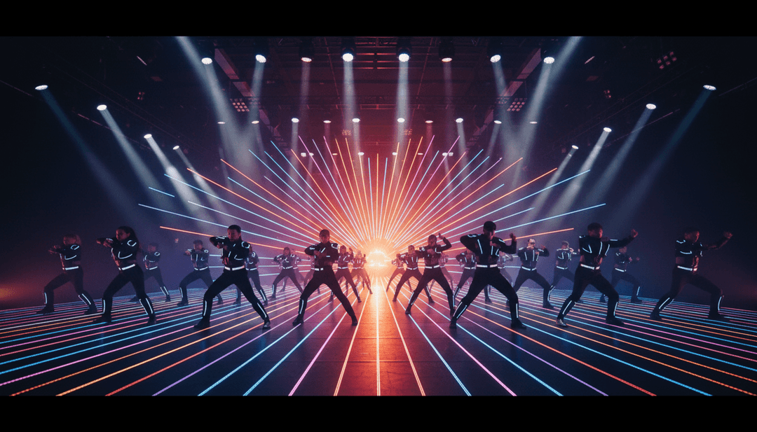 freebeat.aiの光るデジタルインターフェースに「Green lights on, Anna’s flying down the .mp3」の完成したミュージックビデオが表示され、再生ボタン付きで、ユーザーに自身の作成を促している。