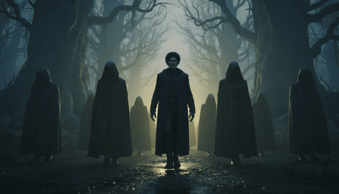 아랍 일렉트로닉 팝 음악 주파수가 흐르는 빛 패턴과 미래형 도시 풍경으로 변모하는 추상적인 시각화.