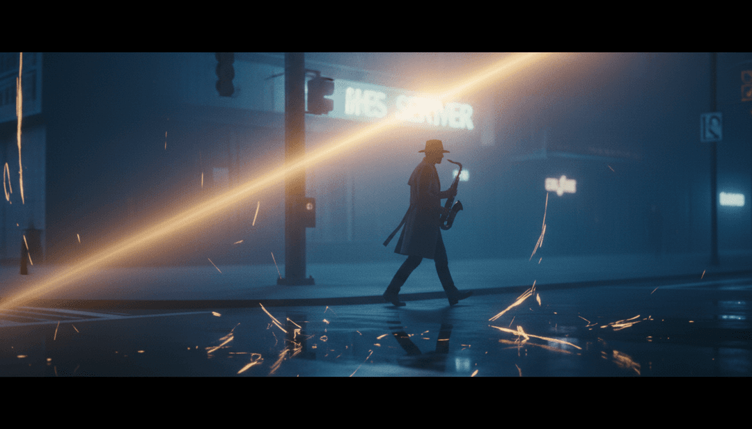 Diversa collezione di video musicali generati dall'AI riprodotti su schermi, un utente che sorride mentre interagisce con l'interfaccia di freebeat.ai, creando un video con testi.