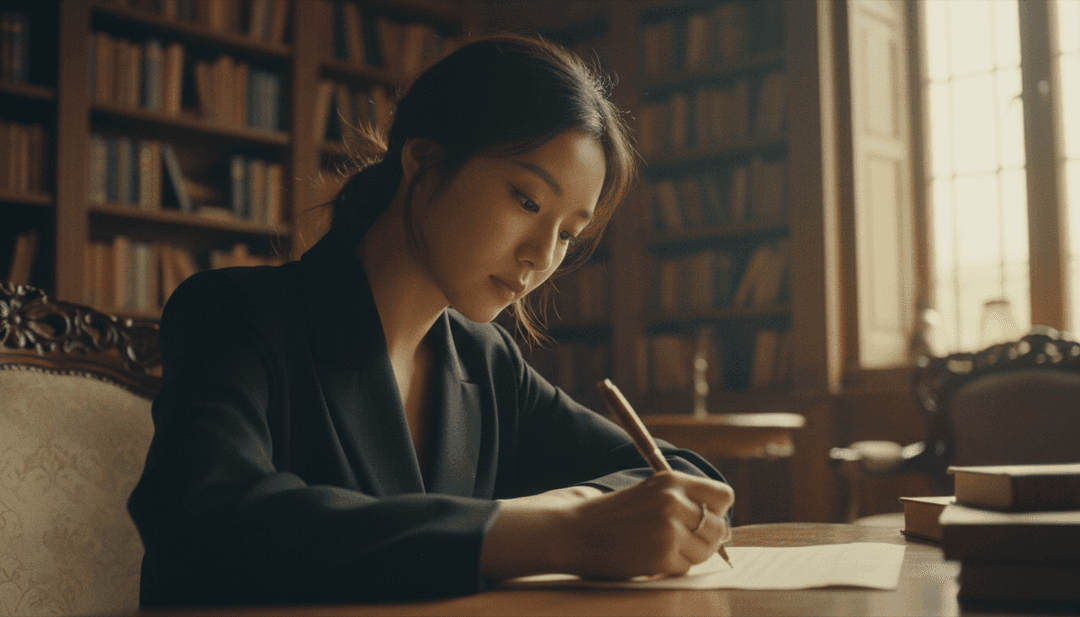 AI 渲染电影般的视觉效果,展示一个人手持枫叶,背景是秋日森林和一段旅程。