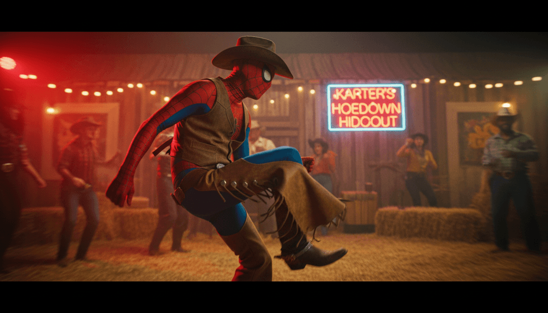 AI 为 'Karter's Wild Ride' 生成的动态音乐视频场景,展示乡村小路、奔腾的马匹、充满活力的街头艺术和快节奏的城市景观,反映了乡村嘻哈的融合。