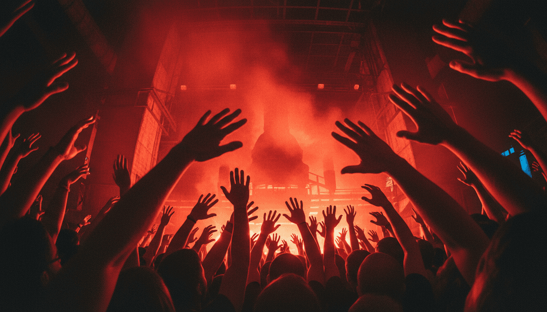 由 AI 生成的动态视觉效果,结合了电吉他在飘落的像素化雪花和强烈低音频率波形中狂飙的场景。