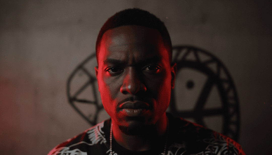 Visuais dinâmicos que retratam a tradução das batidas de hip-hop e melodias folk de Baco Exu do Blues em cenas expressivas, mostrando uma mistura de paisagens urbanas e simbolismo espiritual.