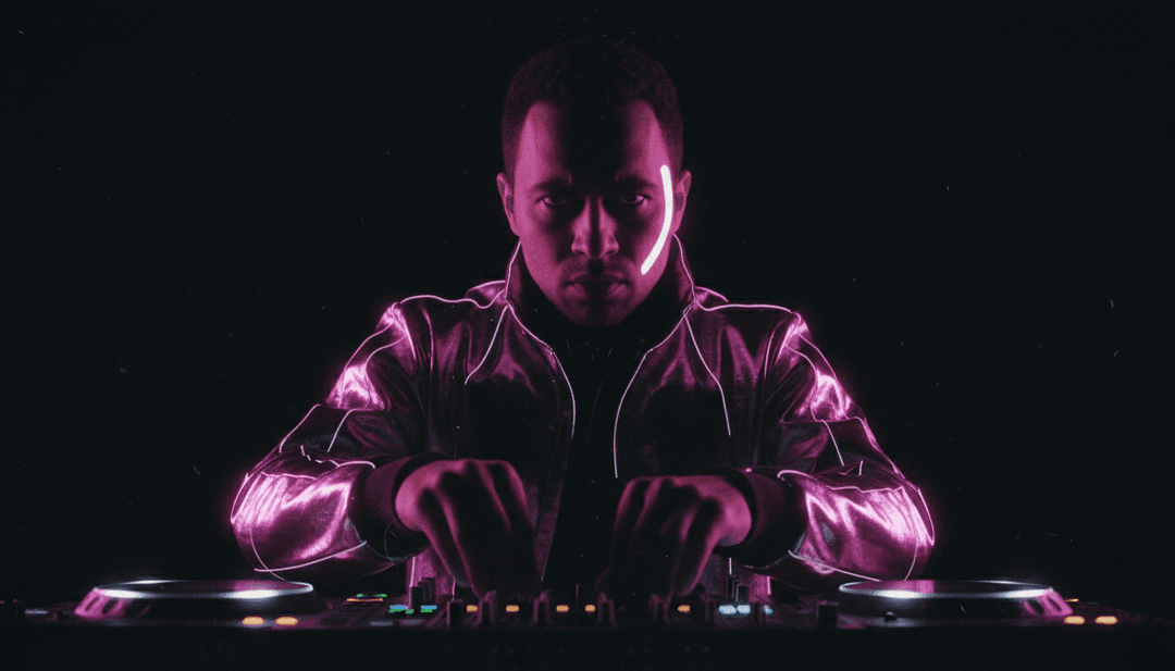 AI 分析意式迪斯科歌曲的声波和模式,配以霓虹灯,代表其诠释过程。