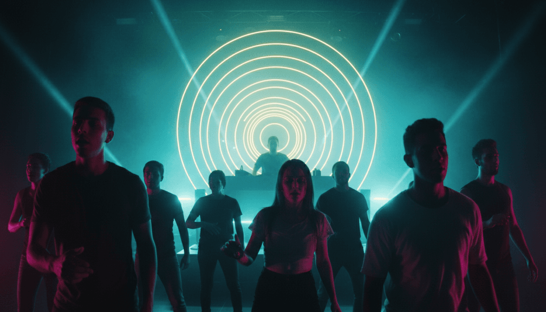 一位音乐家看着屏幕上播放的 AI 生成音乐视频,面带微笑,屏幕一角有 freebeat.ai 标志。