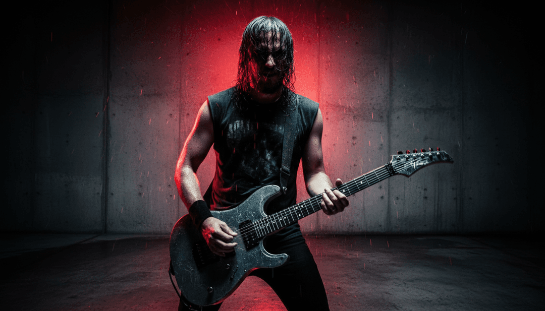 AI 分析硬摇滚歌曲的声波结构,展示声波如何转化为概念火焰和强烈能量模式。