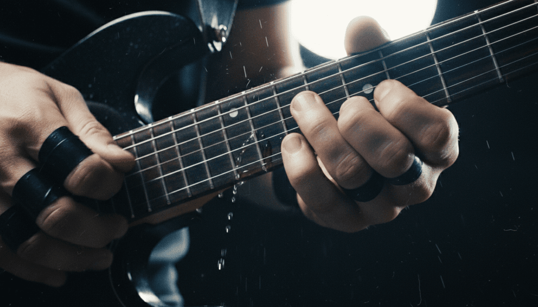 与强劲吉他独奏同步的动态视觉效果,描绘熔融金属流淌并凝固成雕塑般的史诗形态。