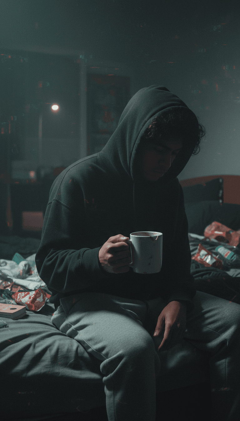 Visuais dinâmicos de paisagens urbanas entrelaçados com padrões de ondas sonoras, representando a tradução de áudio para vídeo pela IA para uma faixa de Hip Hop russa.