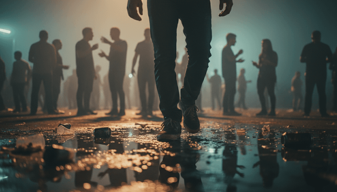 高能量鼓贝司节拍、电子合成器波、陷阱低音下降和吉他和弦与节日光粒子交织的动态视觉表现。