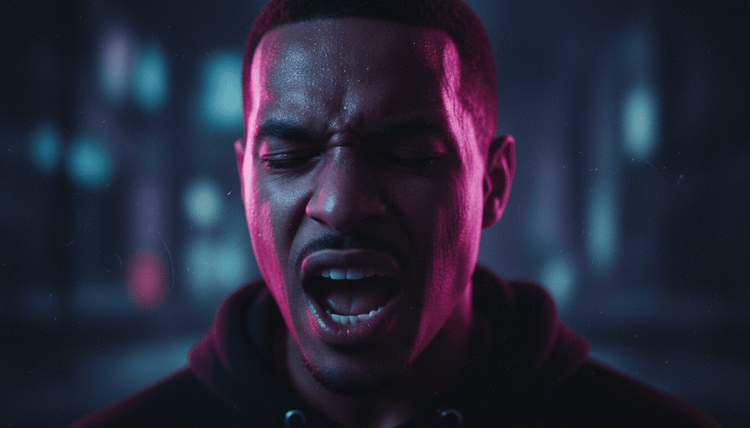 Representação visual abstrata de uma forma de onda de áudio para uma faixa de hip-hop, brilhando com luz digital, simbolizando a interpretação da IA.