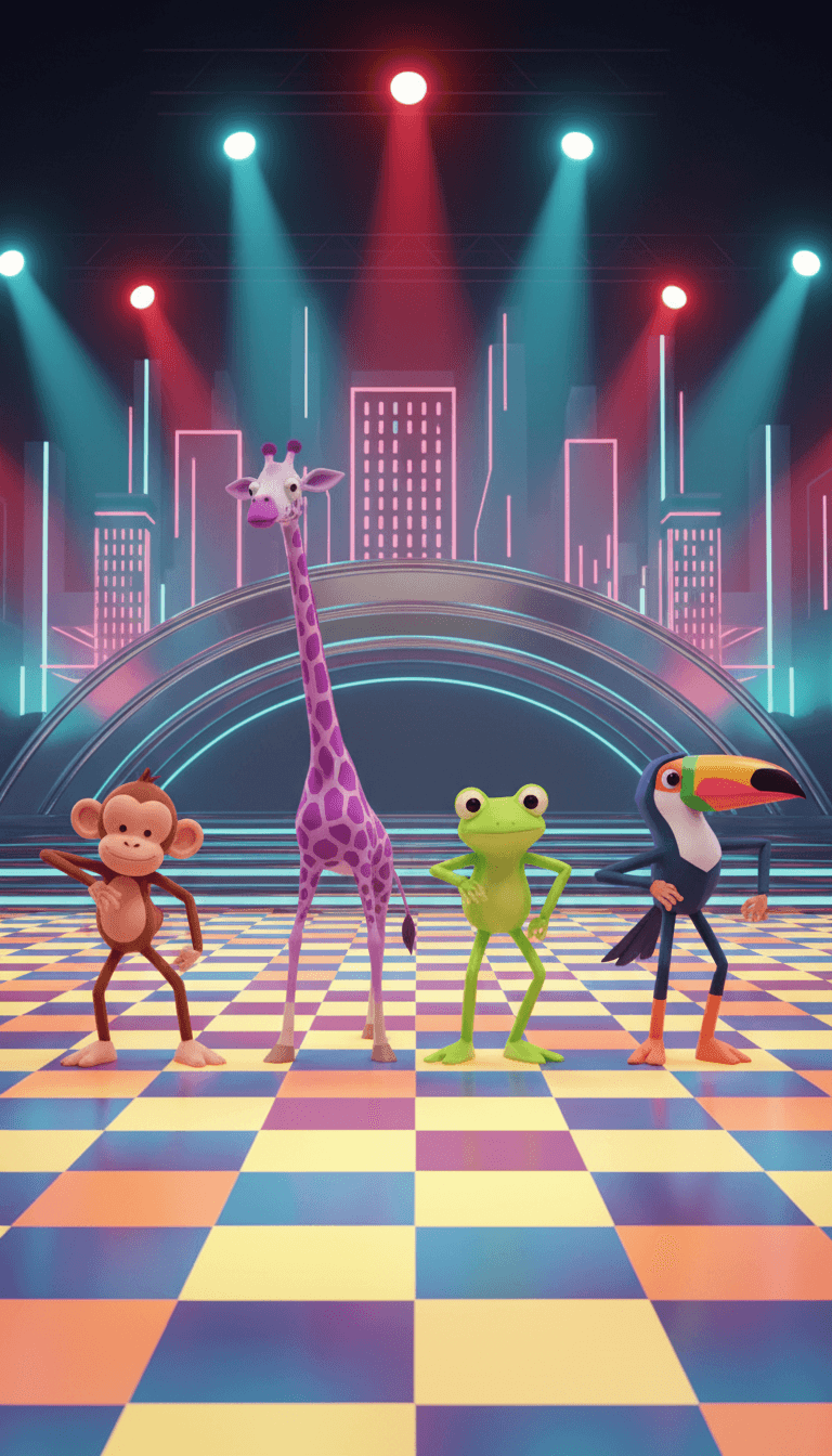 曲のテンポに合わせた特定のダンスを踊る様々な漫画の動物たちが登場する、カラフルなミュージックビデオのシーン。