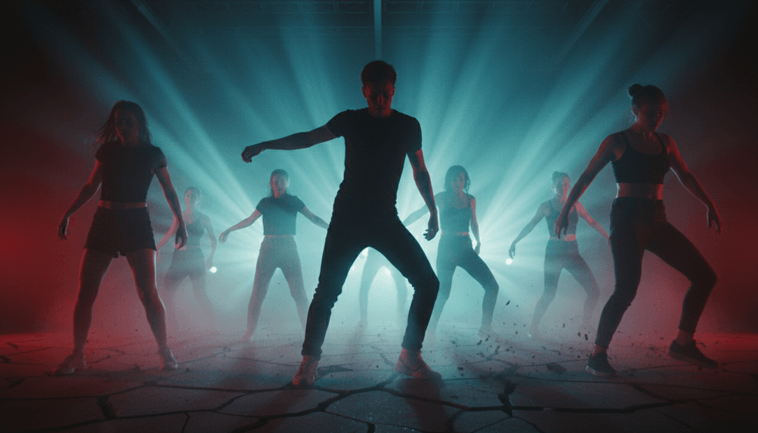 动画序列展示吉他琴弦振动成节日激光束,与脉动的 DnB 低音线融合,创造出与音乐同步的几何光图案。