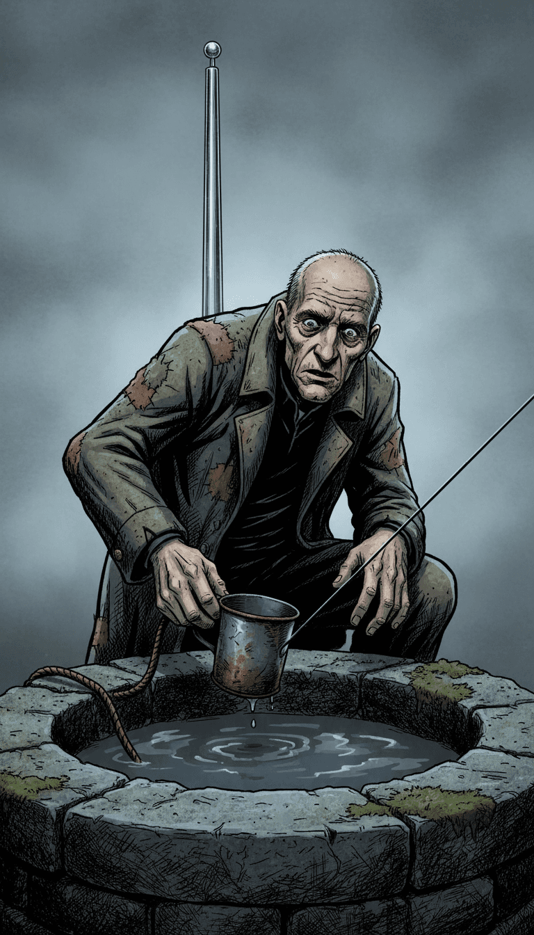 动态视觉效果从吉他的哀鸣过渡到河边孤独身影的场景,与 freebeat.ai 制作的“The Poisoned Well”完美同步。