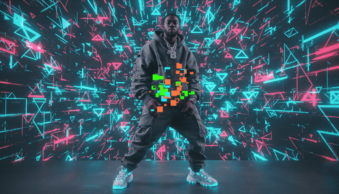 Visuels dynamiques générés par l'IA, présentant des scènes de rue, des motifs lumineux abstraits et des silhouettes de personnages se synchronisant avec le rythme trap et les paroles hip-hop de "Dumb N Dumber Flo".