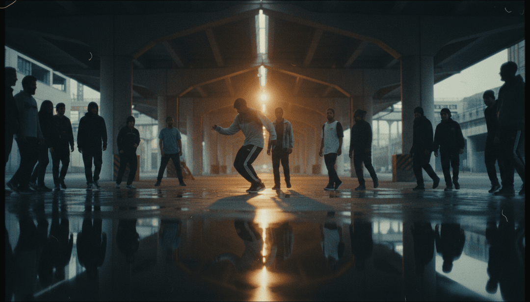 Representação visual dinâmica de uma batida de hip-hop pulsando através de cenas urbanas e luzes de neon, sincronizada com o flow de rap de rholla741.