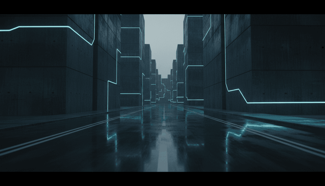 工业音乐的抽象视觉表现,齿轮、电路和数字噪声融合为 'Screaming(Confusion Disillusion)' 的节奏模式。