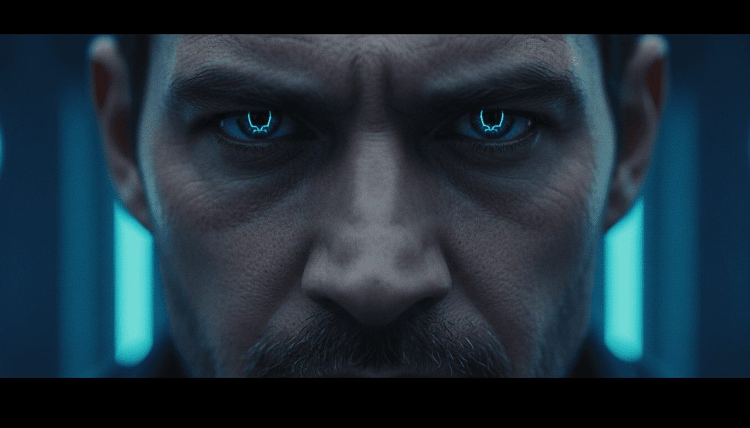 动态可视化器,显示声波转化为黑暗的未来城市景观,带有霓虹灯点缀和故障效果,反映歌曲的困惑与幻灭。