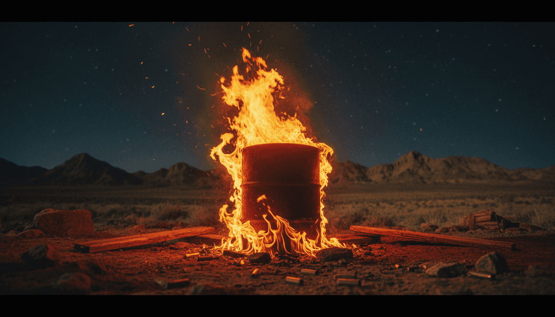 Une scène de vidéo musicale terminée pour 'Hell on Highway 9' de collectedpedal623, montrant une voiture classique roulant vers un coucher de soleil, avec des sous-titres dynamiques intégrés.