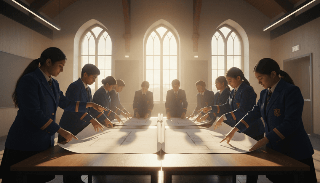 一组动画场景蒙太奇,描绘了日出景观、孩子们在田野中玩耍以及不同人群共同建造一个结构,所有这些都与 'Foundation Week.mp3' 的节拍同步。