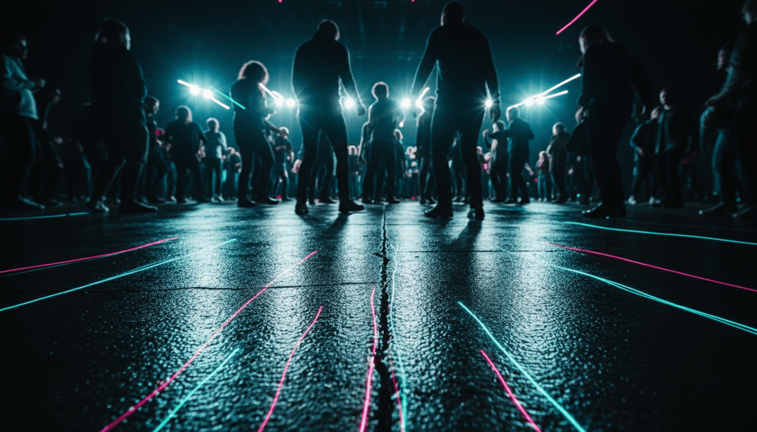 音波がきらめく金属粒子に変化し、回復力とパワーを反映する抽象的な視覚表現。