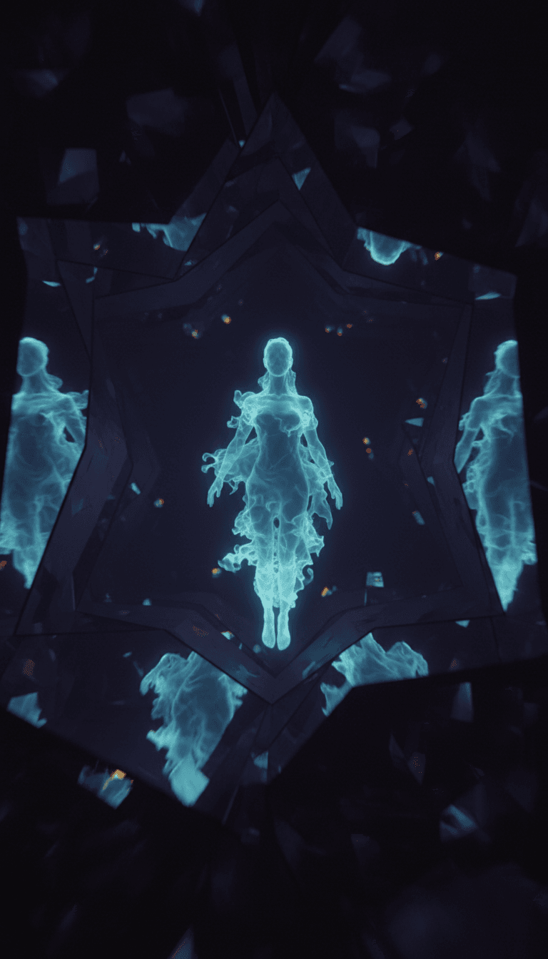 抽象艺术描绘了闪烁、飘渺的声波转化为几何光图案,代表着 'sin nombreether.mp3' 的精髓。