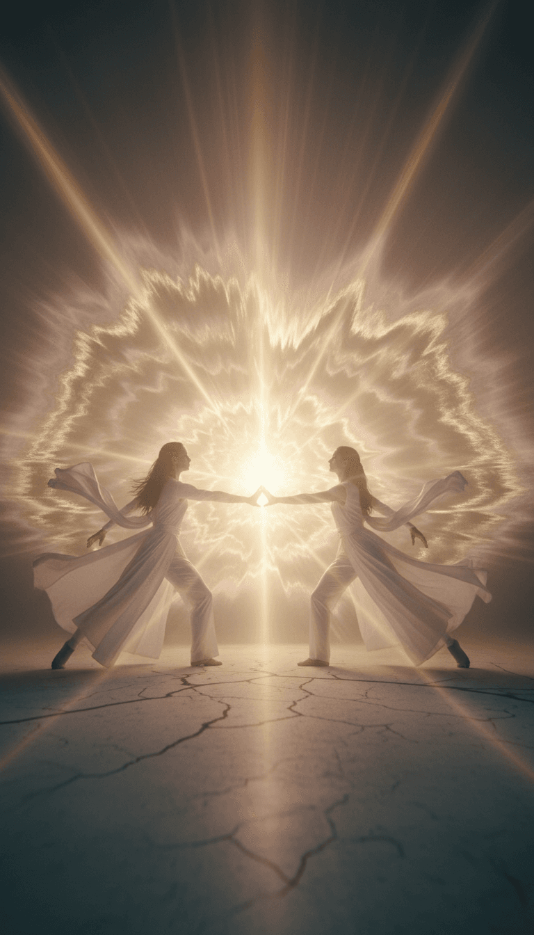 IA gerando efeitos visuais vibrantes sincronizados com um crescendo em 'Rise of Love', mostrando flores desabrochando e luzes entrelaçadas.