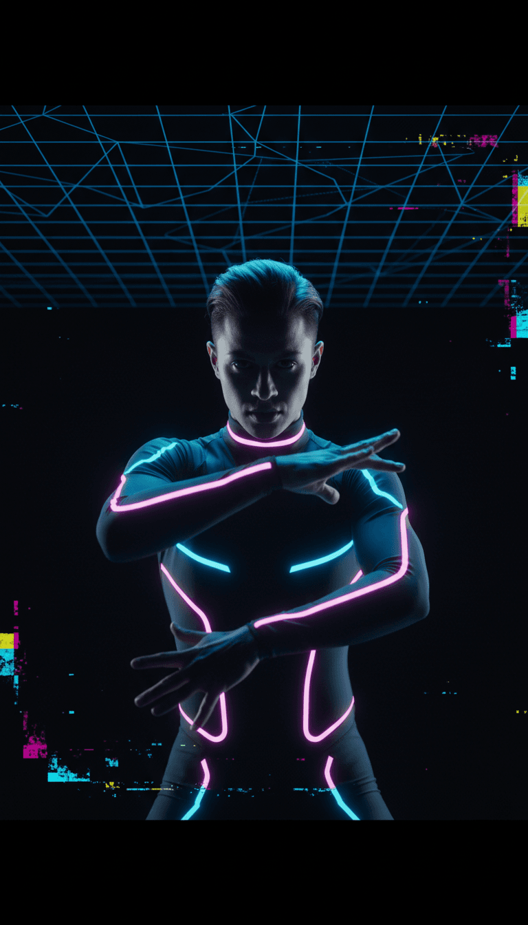 록과 스카 음악 파동이 향수를 불러일으키는 이미지와 어우러진 추상적인 디지털 표현.