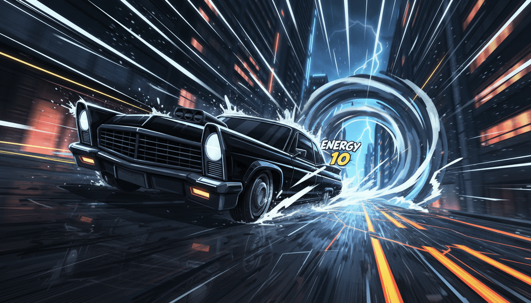 Representação visual de riffs de guitarra blues de 'Furs on the Line II' a transformarem-se em cenas cinematográficas de uma perseguição ou confronto intenso.