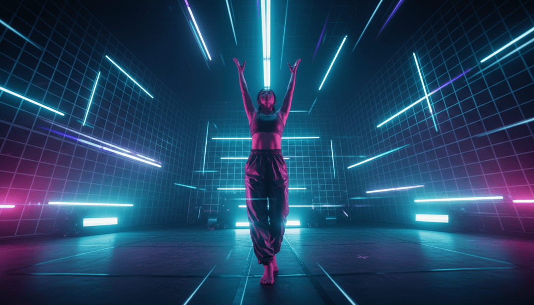 Pessoa assistindo a um videoclipe concluído e visualmente impressionante em uma tela grande, com o logotipo freebeat.ai sutilmente integrado.