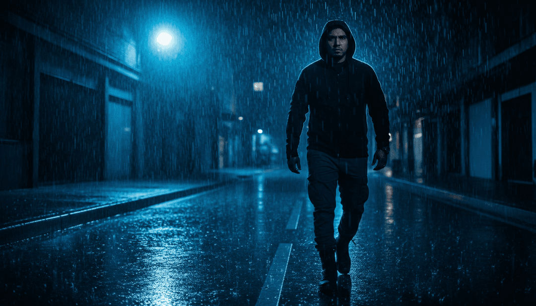 AIがラテンヒップホップトラックの複雑なリズムと生々しいエネルギーを解釈し、都市の景観を形成するデジタル音波として視覚化。